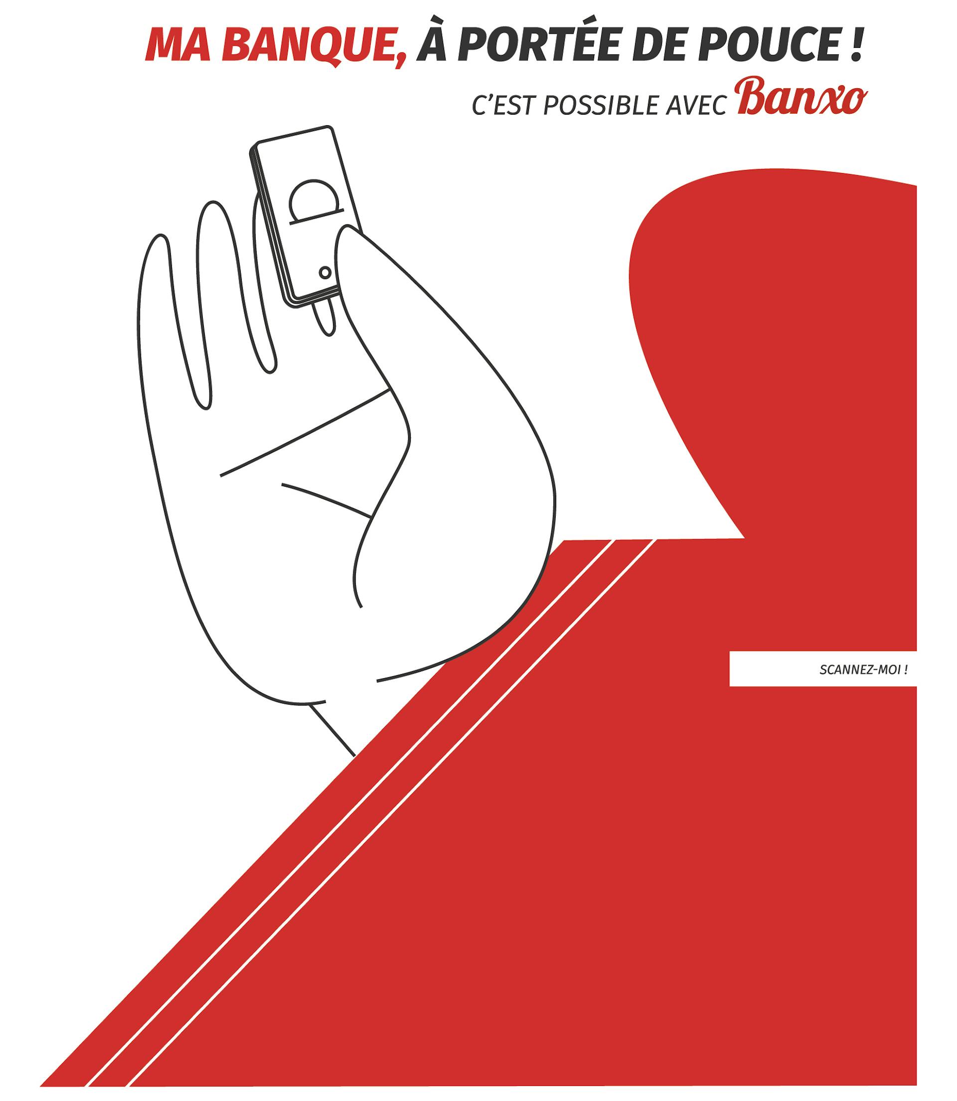 Illustration filaire et publicitaire d'une main tenant un téléphone portable. L'affiche promeut l'application mobile de la Caisse d'Epargne.