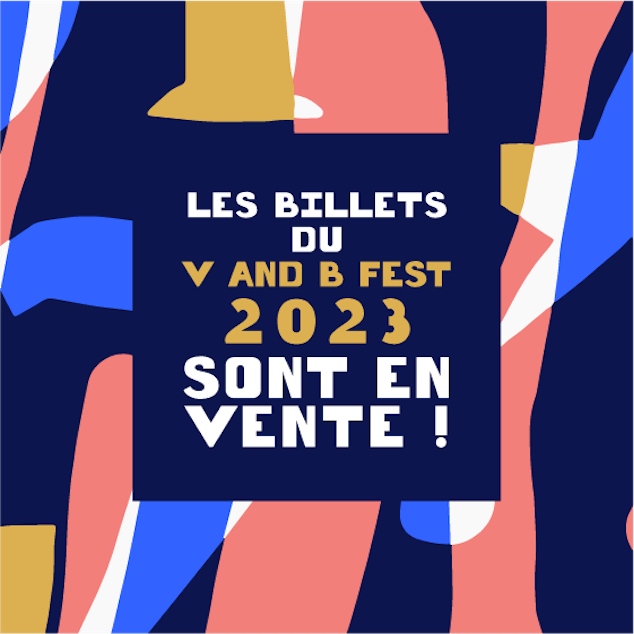 Template de post social media décliné selon la nouvelle charte graphique du V and B Fest 2023.