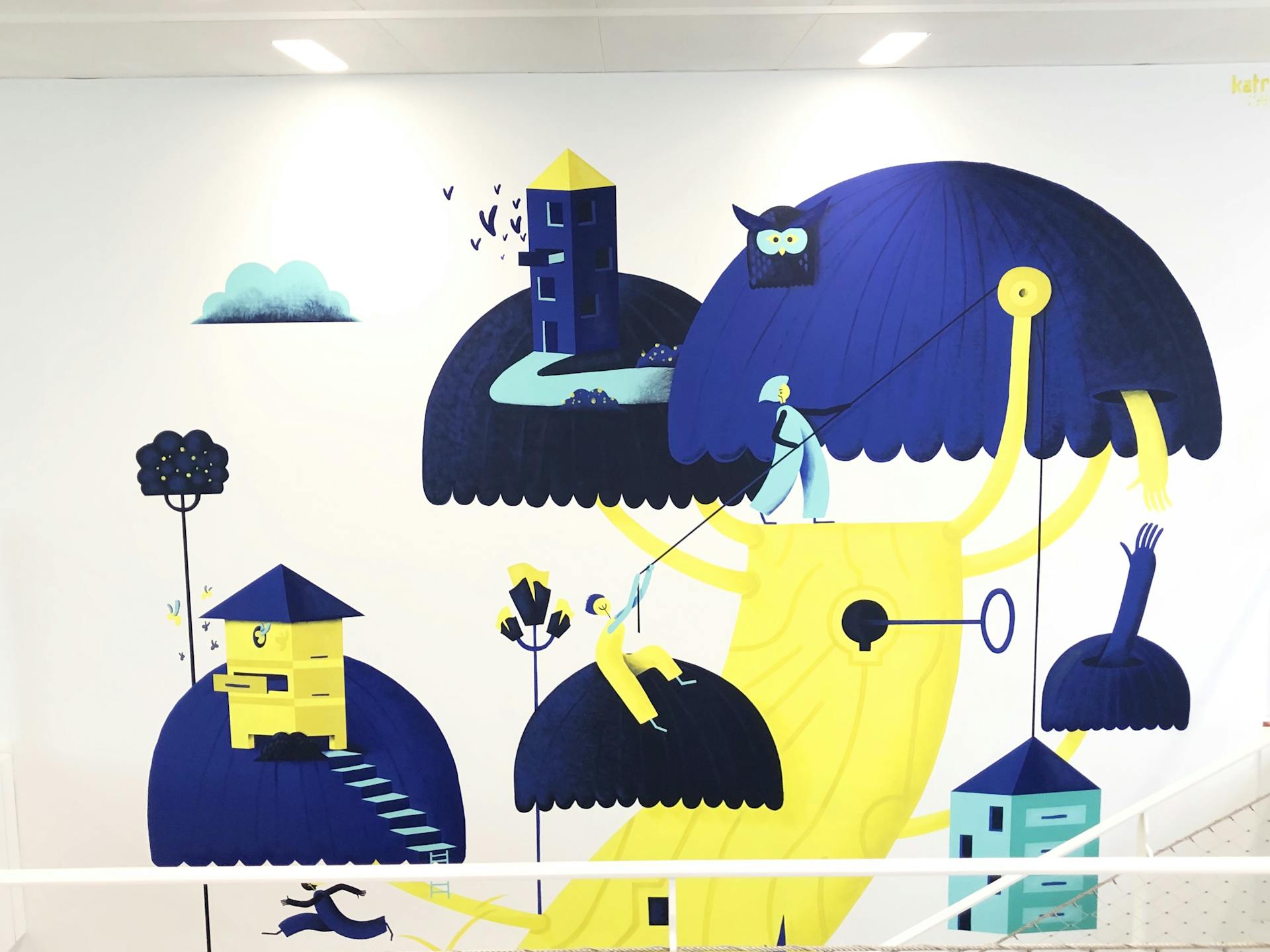 Design d'espace via une peinture murale intérieure dans les locaux de l'accélérateur de startups du Crédit Agricole.