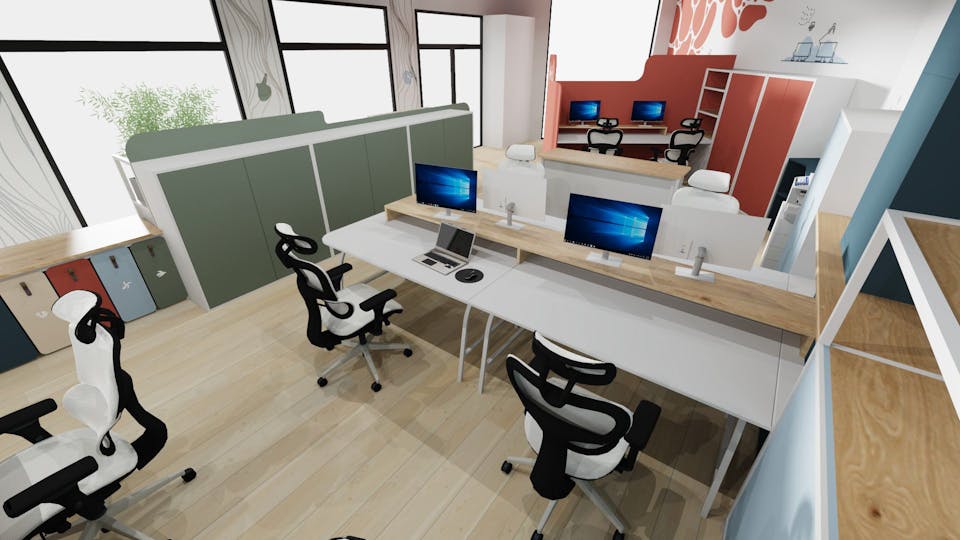 Modélisation 3D de l'espace dédié aux bureaux des employés de la CCI, implémentés dans le cadre de l'aménagement d'intérieur de leurs nouveaux locaux à Saint-Nazaire.