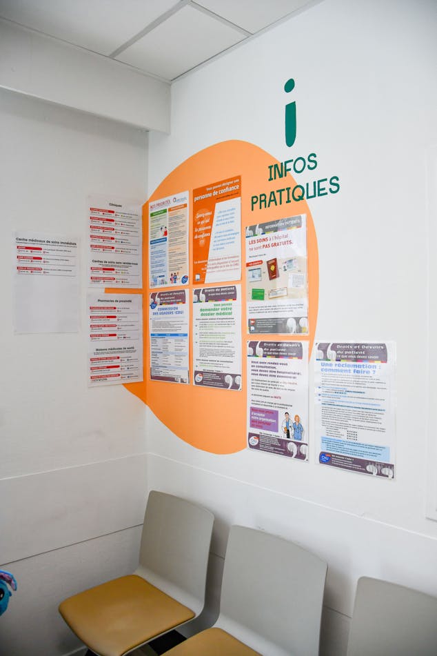Signalétique peinte sur les murs de la salle d'attente des urgences pédiatriques du CHU de Montpellier, regroupant les informations pratiques liées à l'établissement.