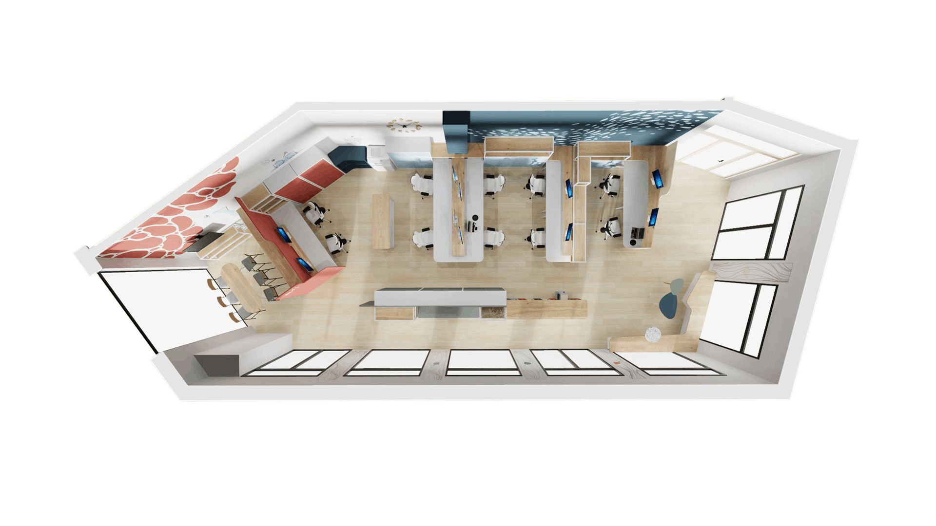 Modélisation 3D des nouveaux locaux de la CCI de Saint-Nazaire, vue du dessus, montrant comme Studio Katra a pensé ce nouvel espace en amont du projet.