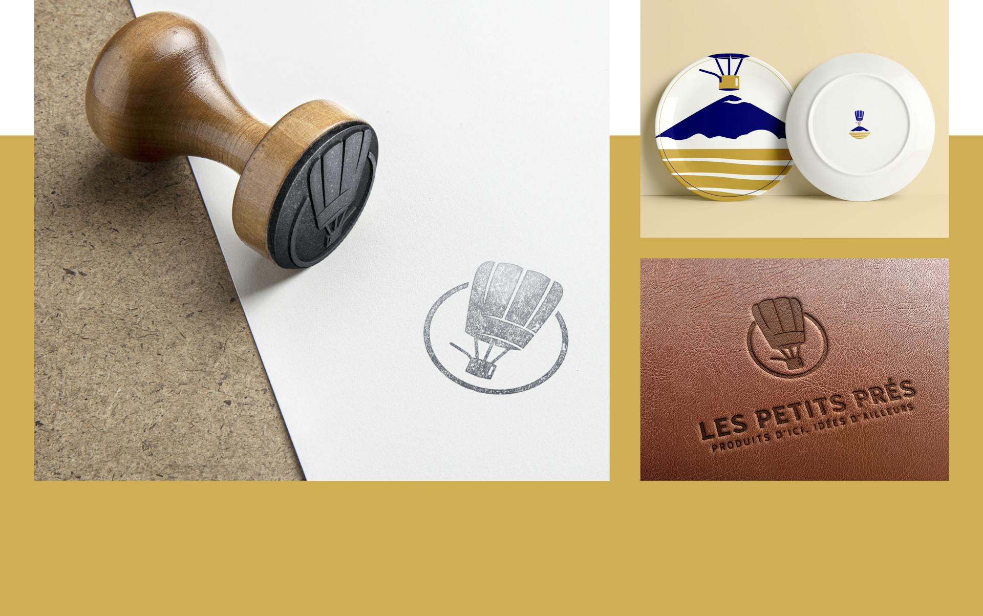 Mockup conceptuels d'un tampon, d'une assiette et d'une impression sur cuir du nouveau logo du restaurant "Les Petits Prés".