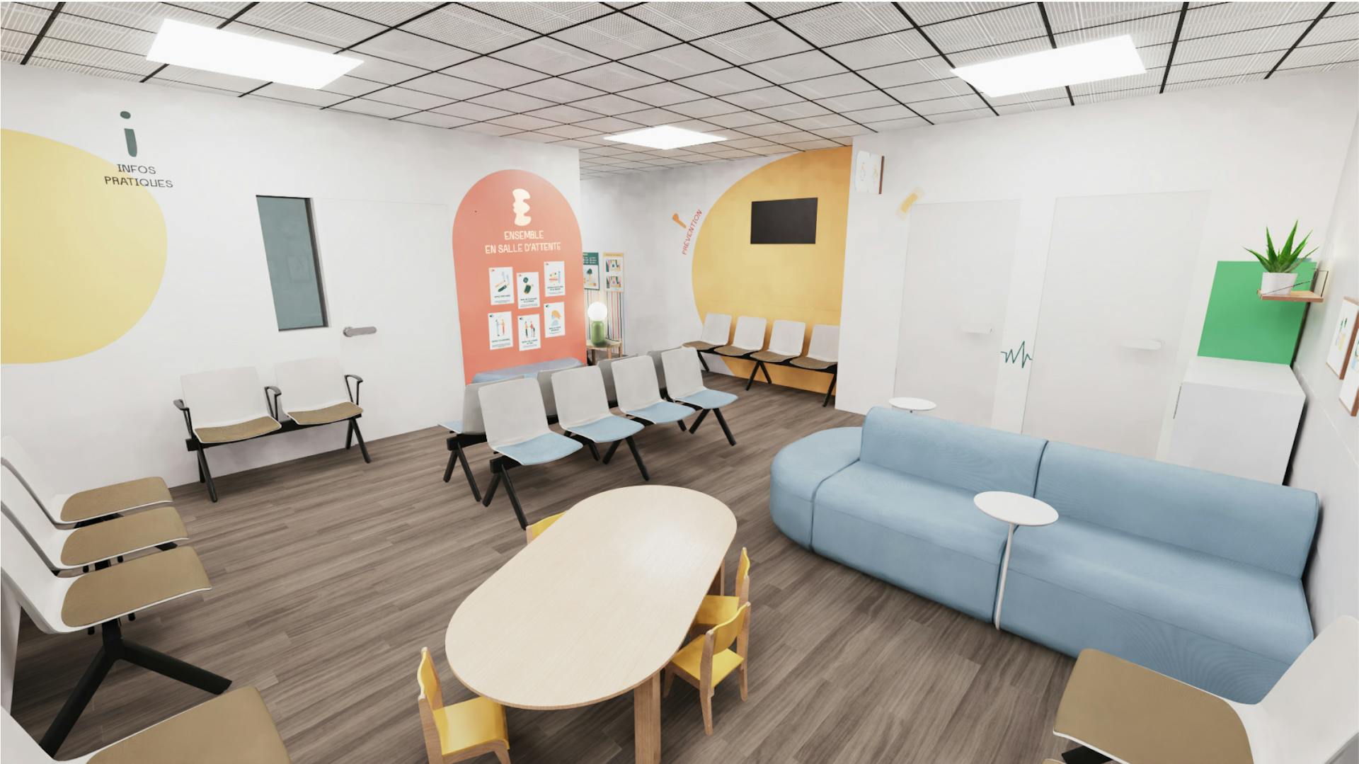 Modélisation 3D du design d'espace pensé par l'agence de design d'espace Studio Katra pour les urgences pédiatriques du CHU de Montpellier.