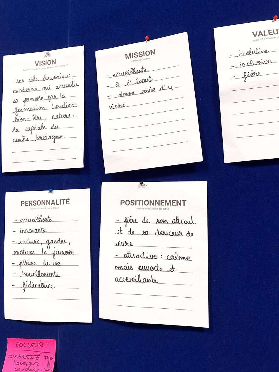 Post-it regroupant les valeurs définissant la nouvelle identité d'une ville durant un atelier de co-conception.