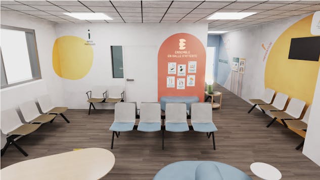 Modélisation 3D du nouvel espace d'attente des urgences pédiatriques du CHU de Montpellier, conçu par l'agence de design d'espace Studio Katra.