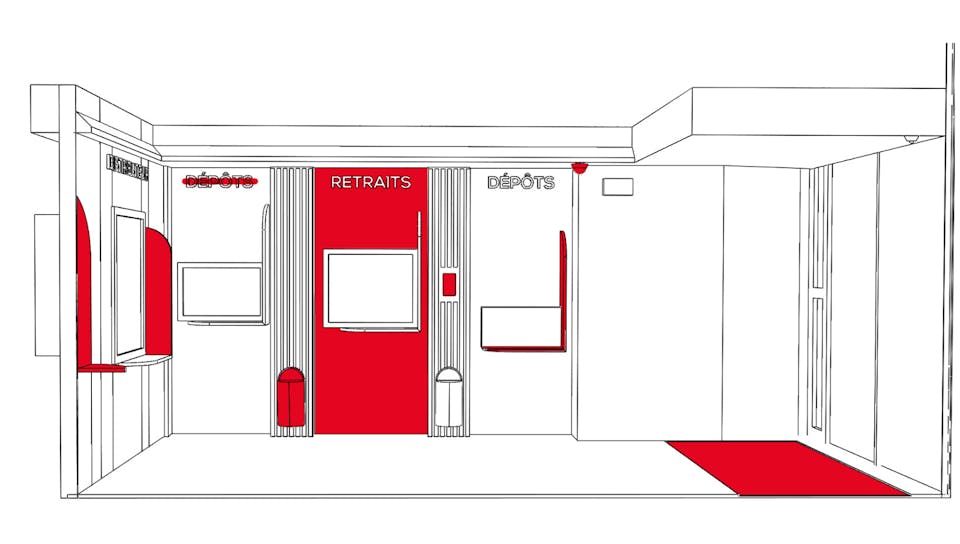 Plan d'architecture intérieur du nouvel espace de libre-service bancaire de la Caisse d'Épargne de l'agence Graslin.