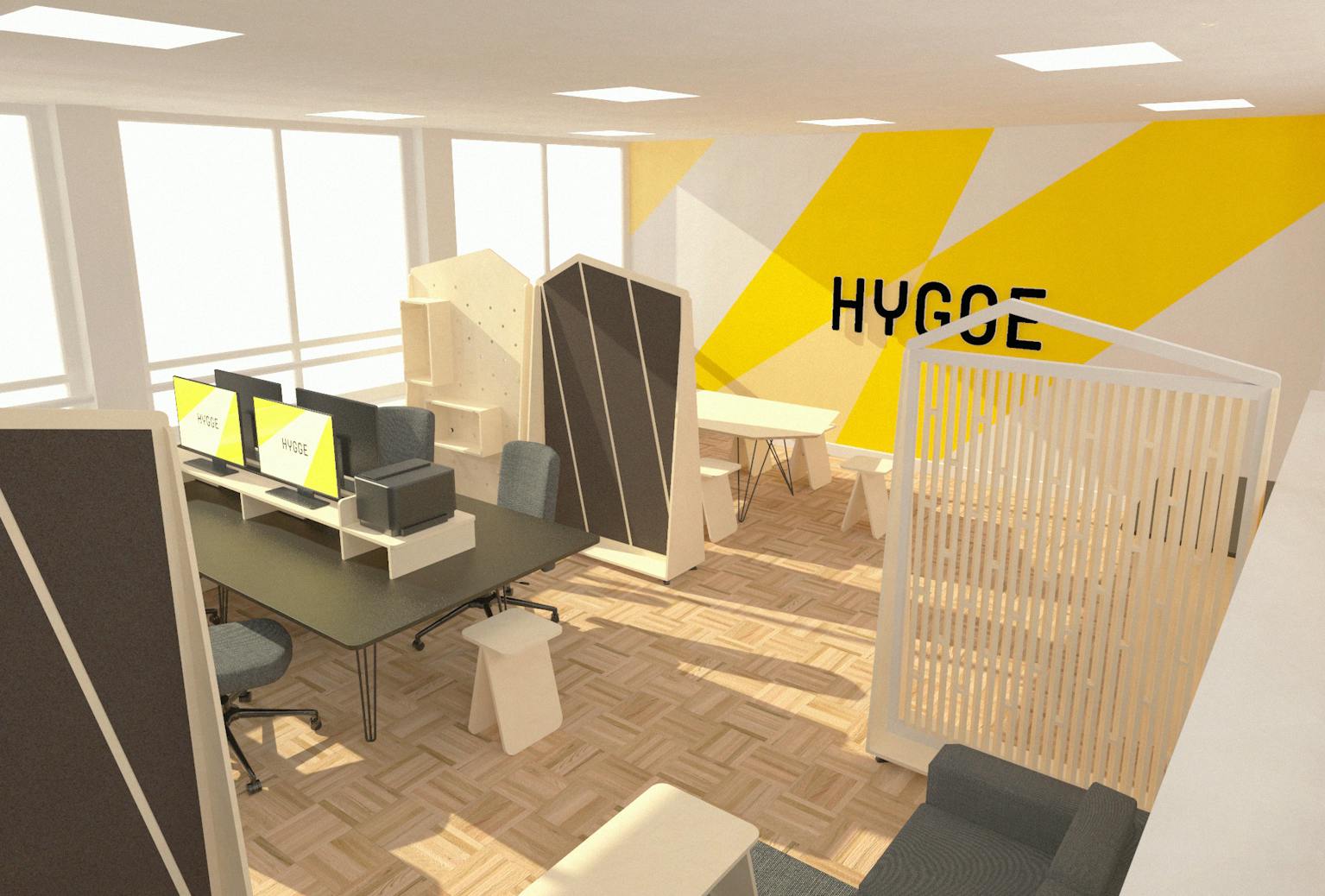 Simulation en 3D du design d'espace et de l'agencement des bureaux de HYGGE.