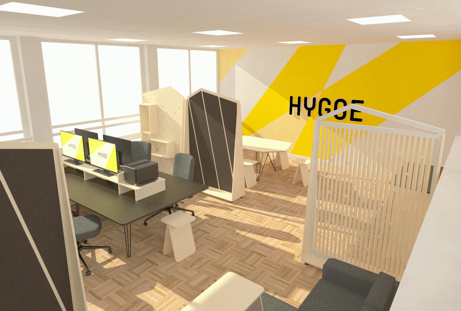 Simulation en 3D du design d'espace et de l'agencement des bureaux de HYGGE.