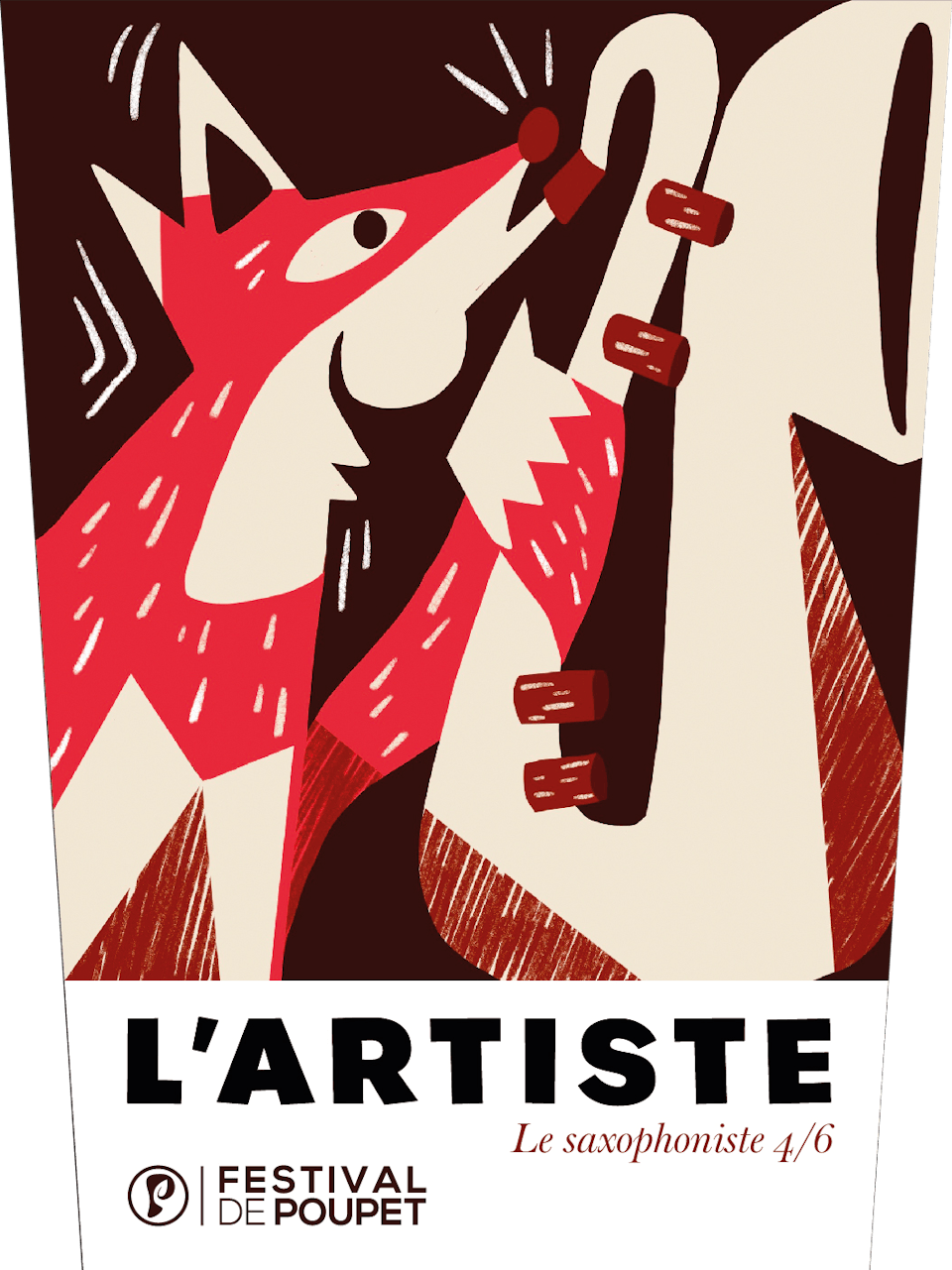 Illustration d'un renard saxophoniste, réalisée pour la nouvelle cuvée du Festival de Poupet par l'agence de design graphique Studio Katra.