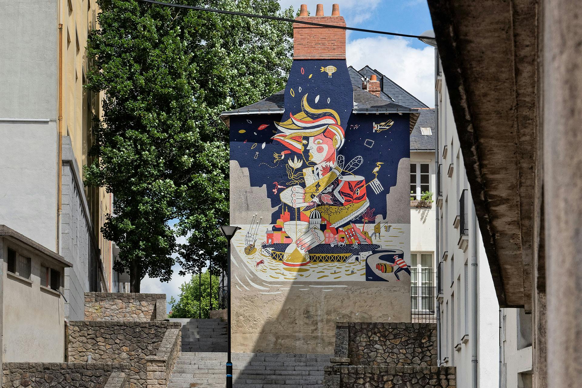 Kairos, le temps à saisir. Une fresque murale rue Montaudouine à Nantes, réalisée par le Studio Katra. 