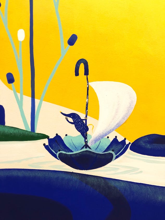 Illustration d'une taupe utilisant un parapluie comme radeau sur une rivière.