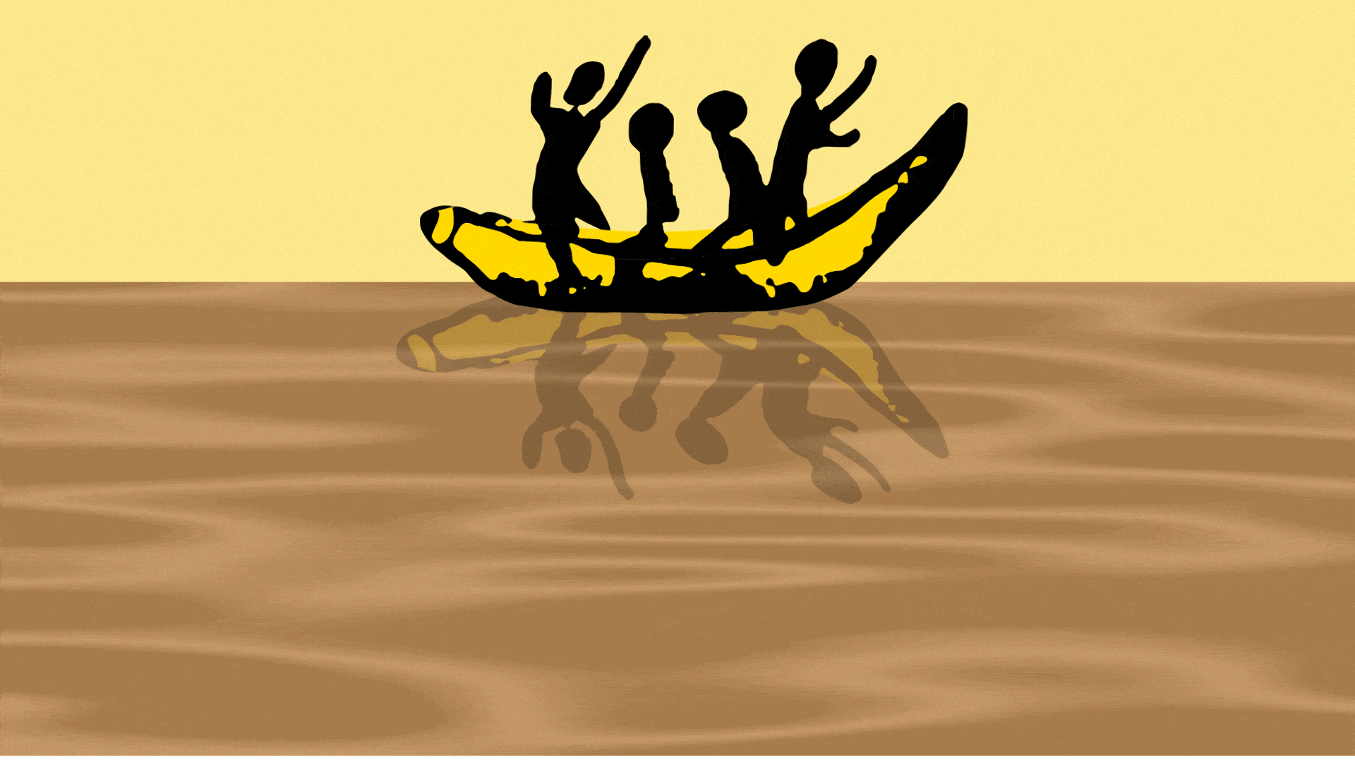 GIF animation d'un radeau sur l'eau en forme de bananes, transportant des personnages 