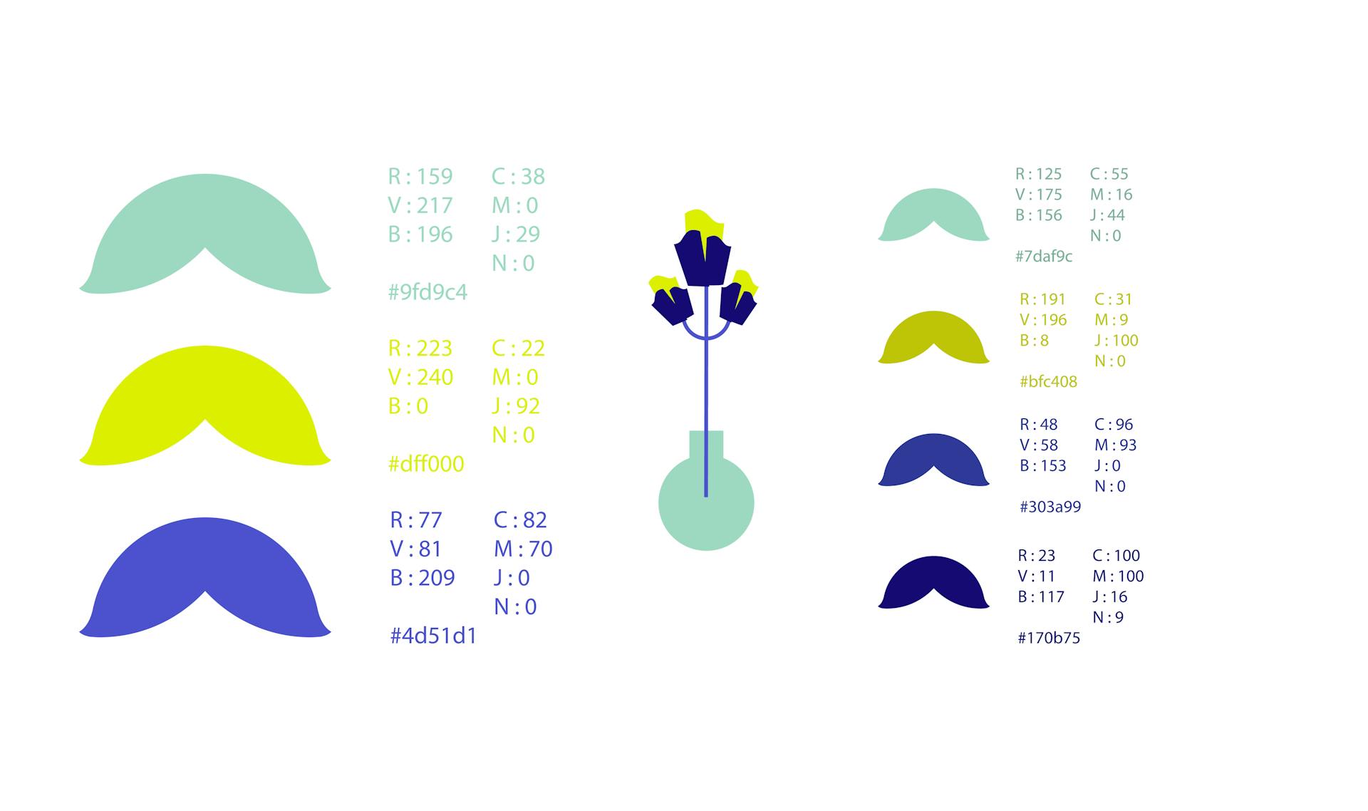 Sélection d'une palette de couleurs verte, jaune et bleue pour le programme d'accélération de l'innovation "Le Village".