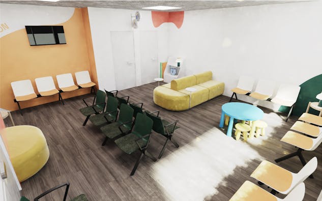 Modélisation 3D du nouvel espace d'attente des urgences pédiatriques du CHU de Montpellier, conçu par l'agence de design d'espace Studio Katra.