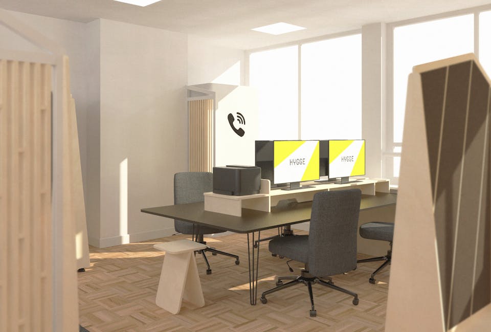 Simulation en 3D de la bureautique du design d'espace des locaux de HYGGE.