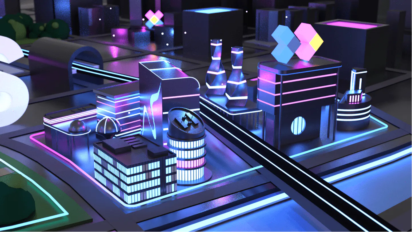 Neon-lit 3D digital town with glowing geometric buildings, created for Sopra Banking Software's live event