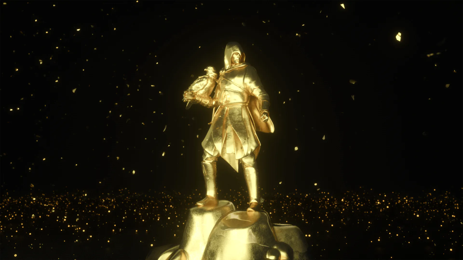 Golden Assassin's Creed statue against a dark starry background
