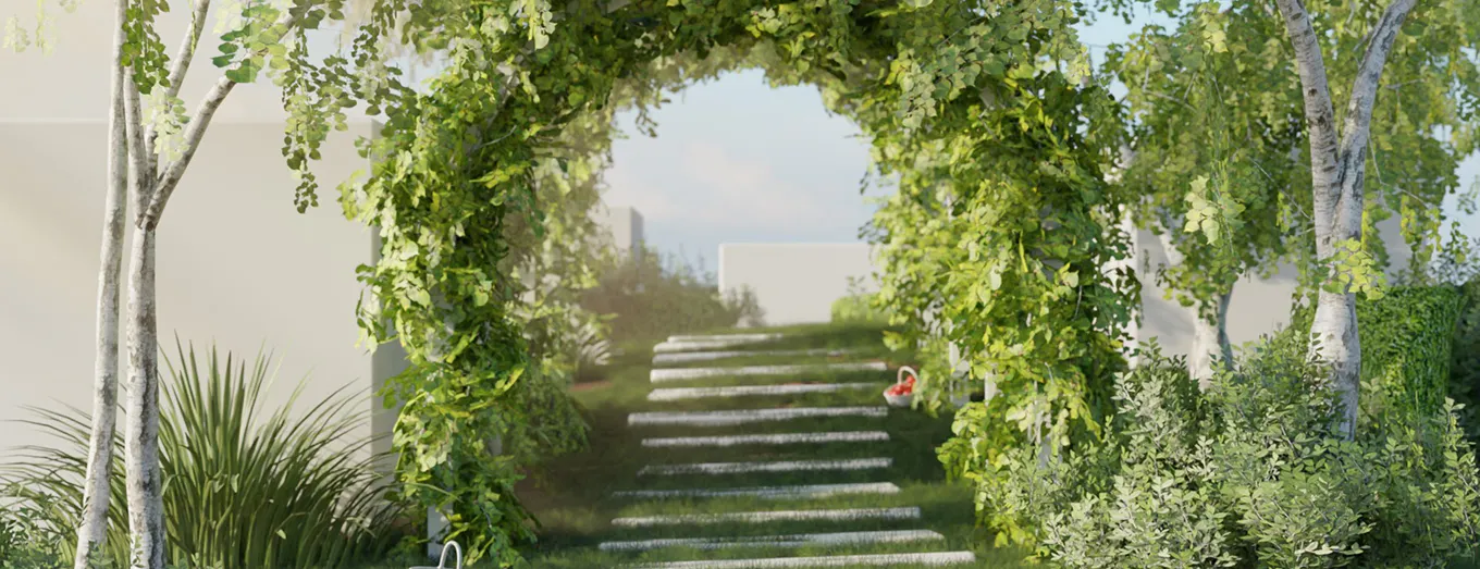 Lush green garden archway with stone stairs, evoking a sensory and organic atmosphere