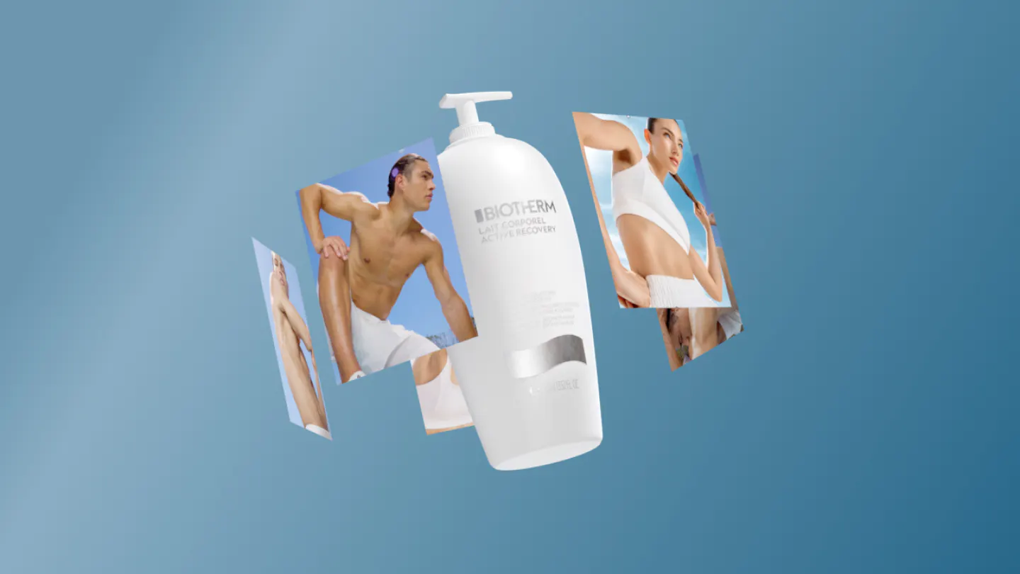 Biotherm Active Recovery Body Milk bottle surrounded by fragmented campaign visuals on a light blue background