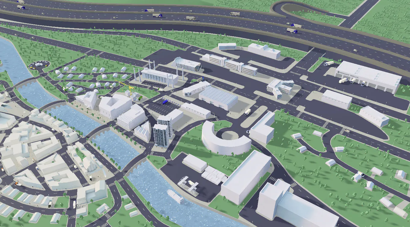Aerial view of a 3D virtual city built to showcase the Renault Trucks product and service ecosystem