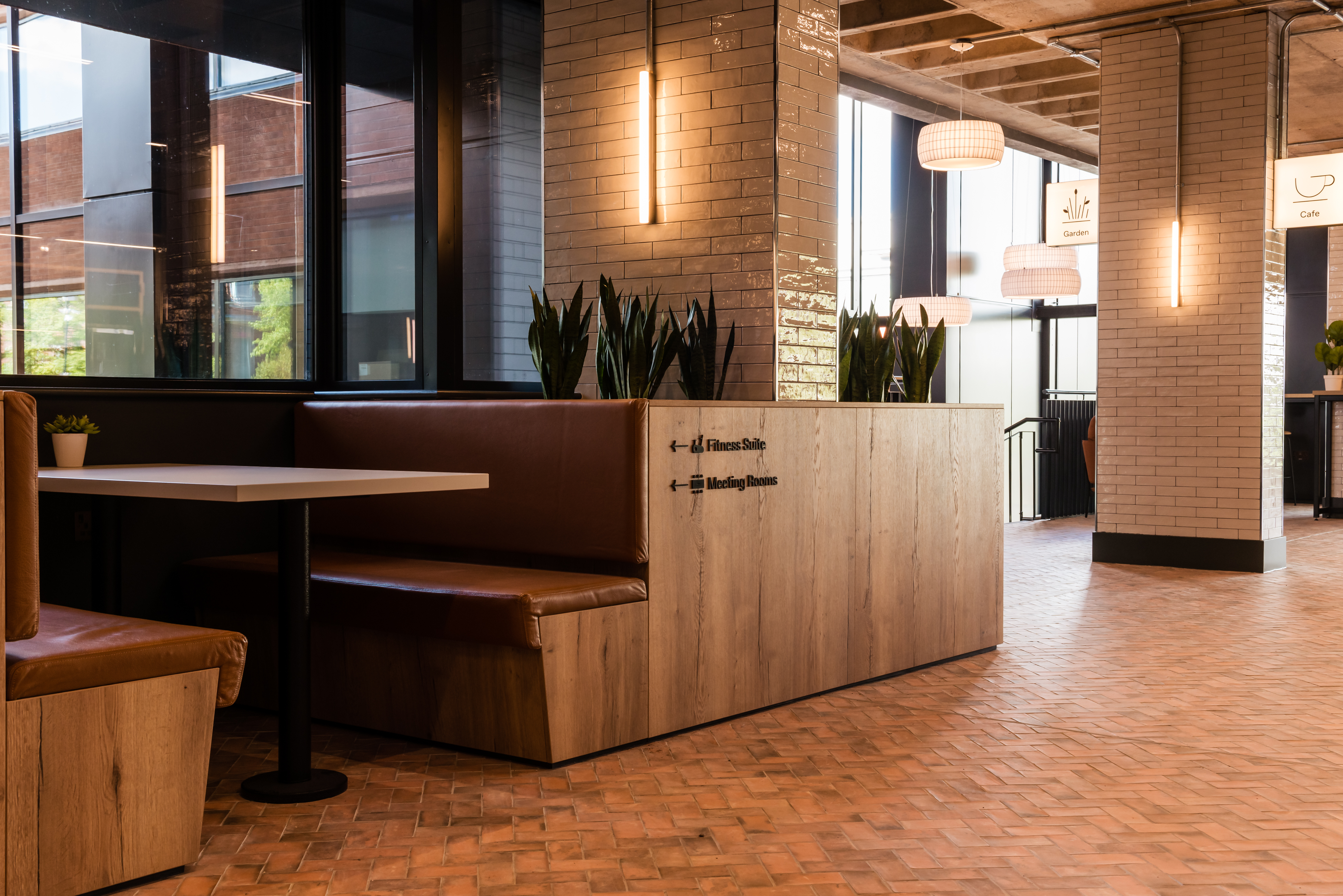 Detail shot of a seating booth and signage.