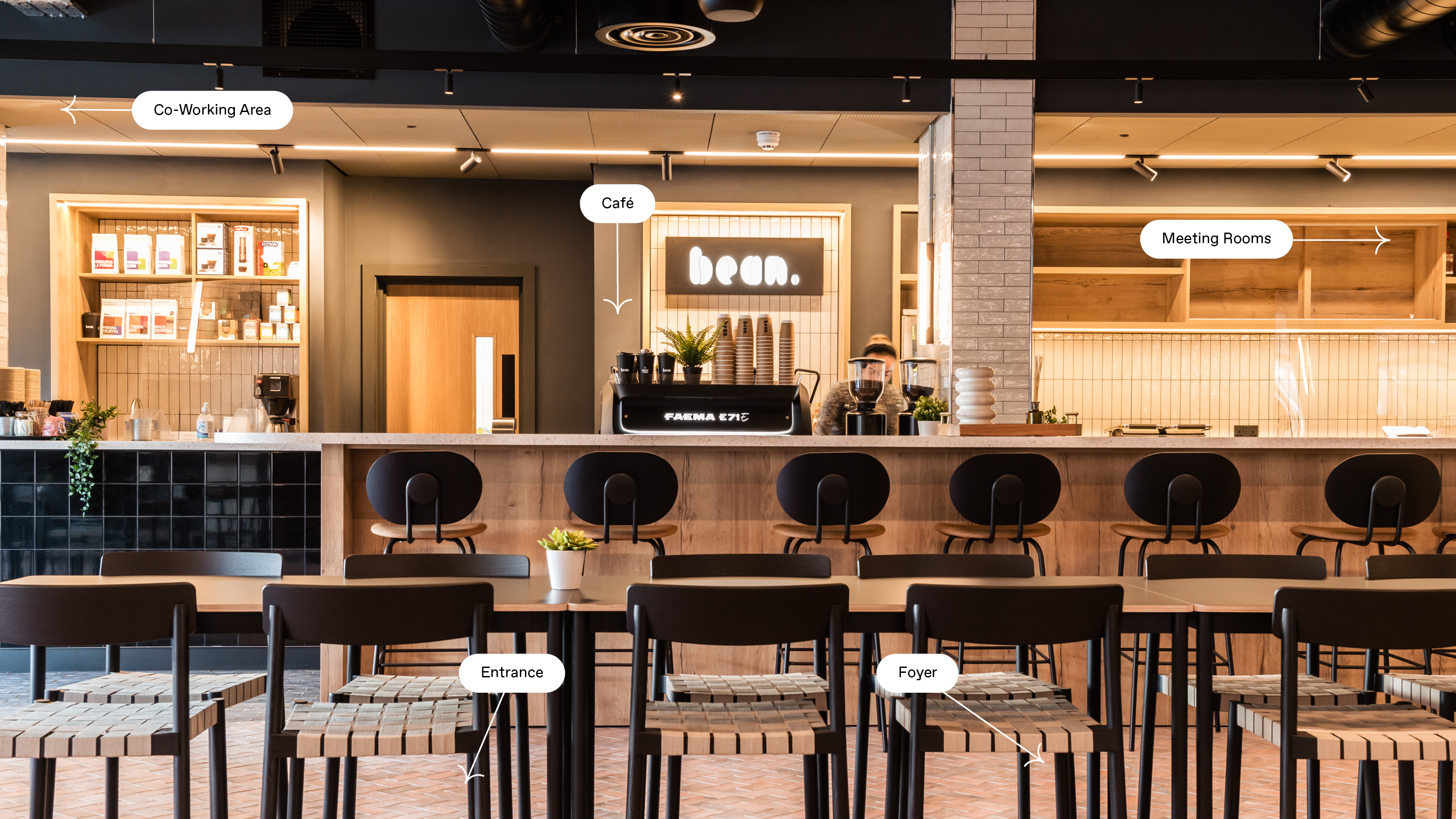 Cropped image of the cafe, with indicators pointing to different areas of the site.