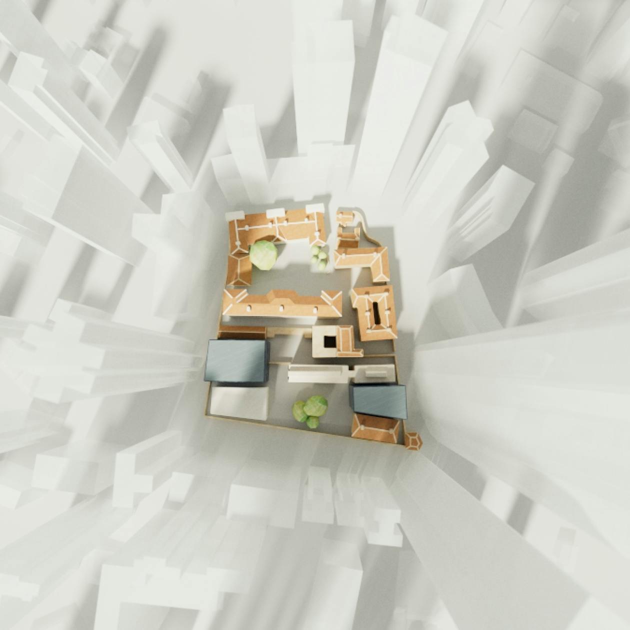 Birds-eye view of buildings in the pre-production render.