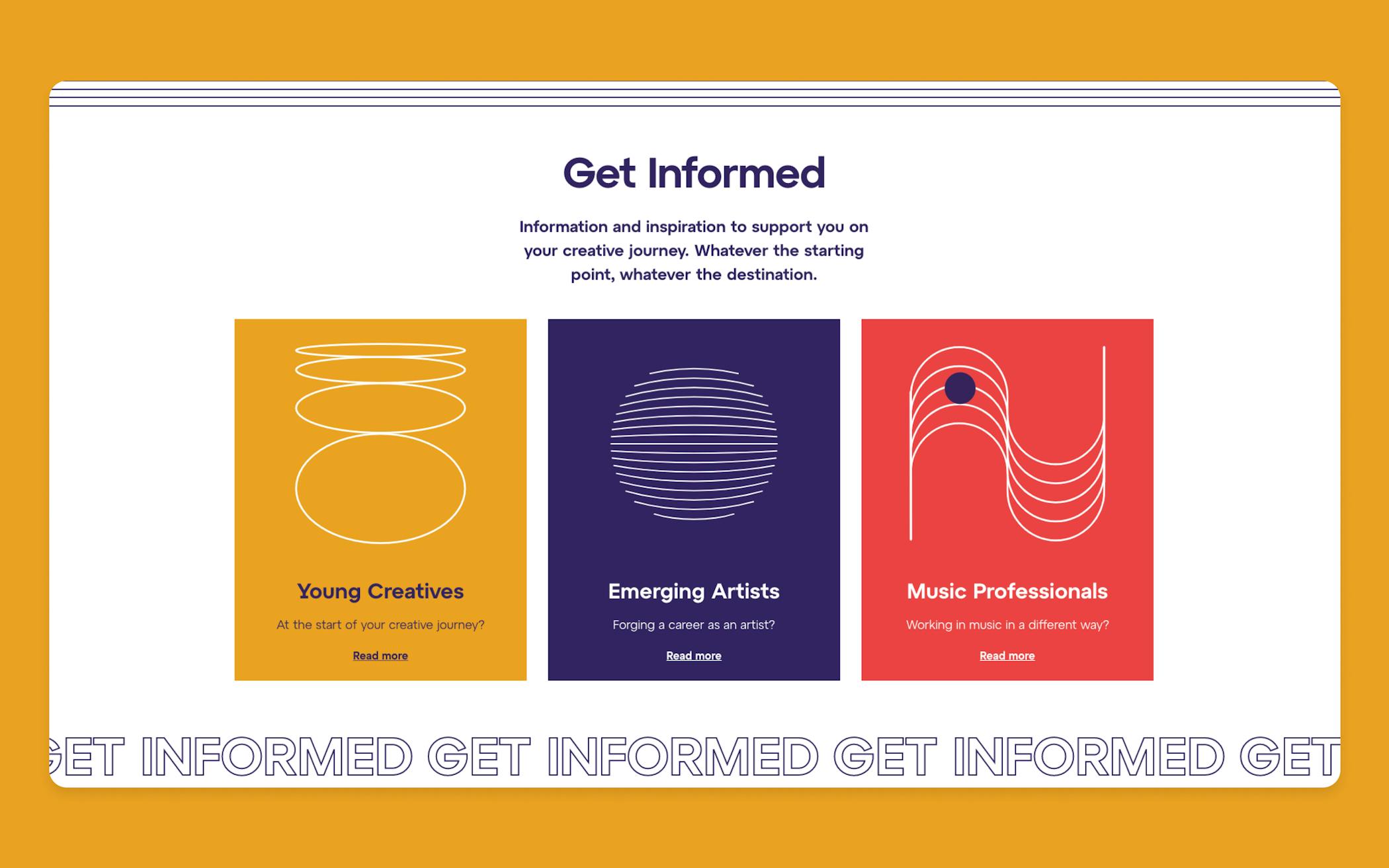 The "Get Informed" section of the website, with areas for Young Creatives, Emerging Artists and Music Professionals.