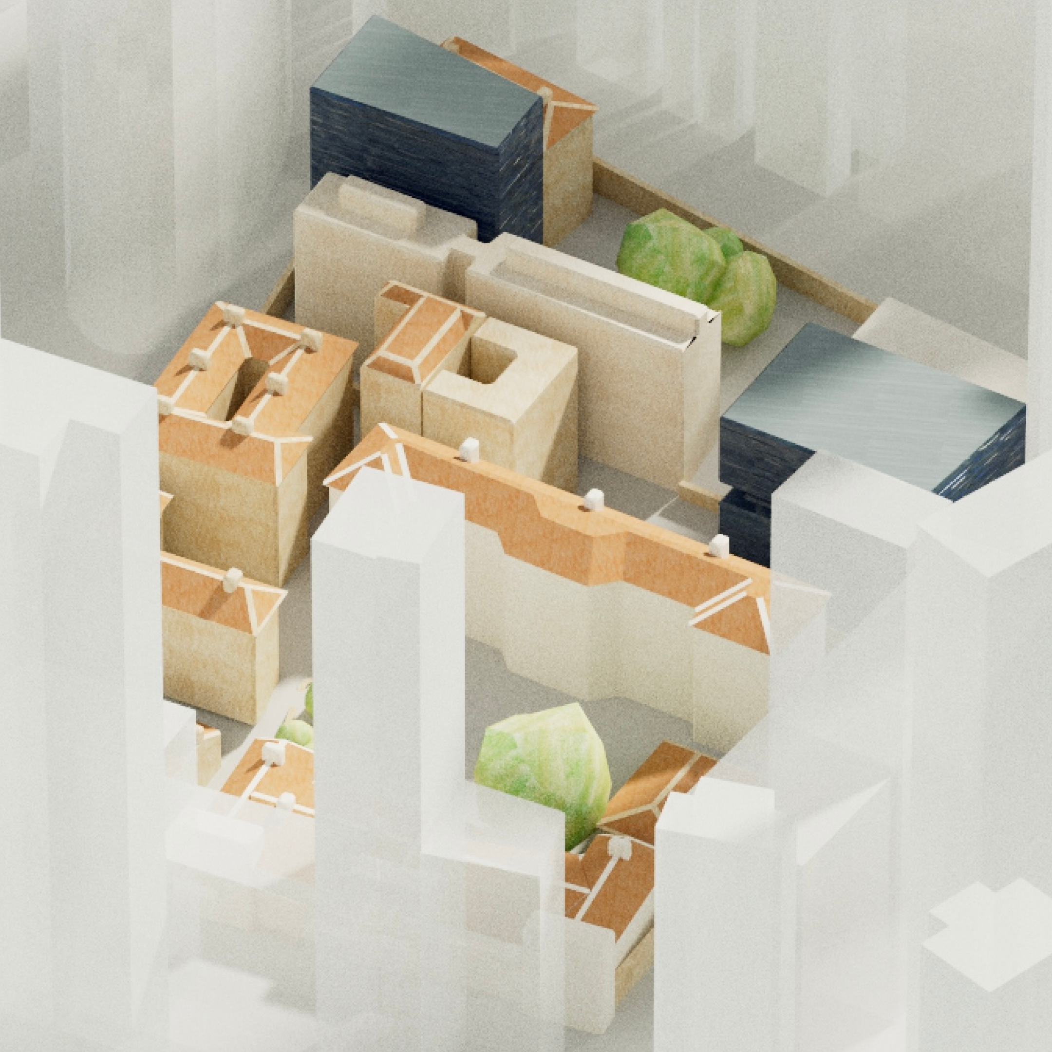 View of buildings in the pre-production render.