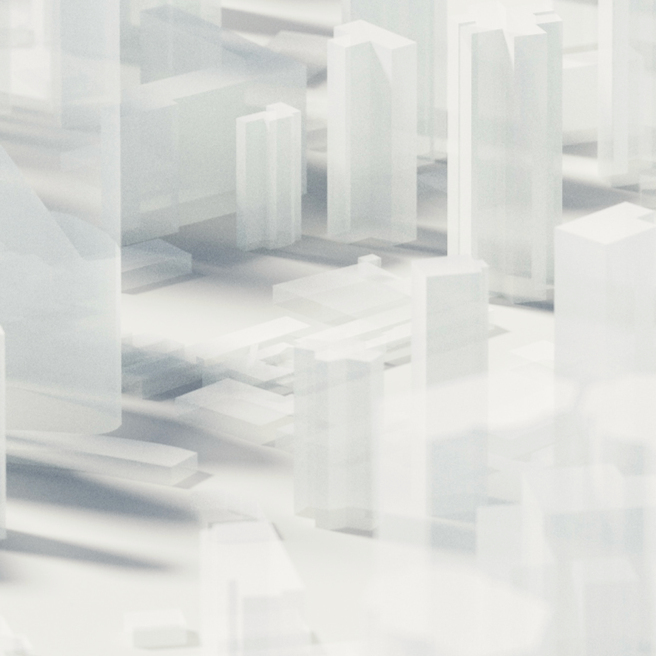 Detail shot of ghostly buildings in the pre-production render.