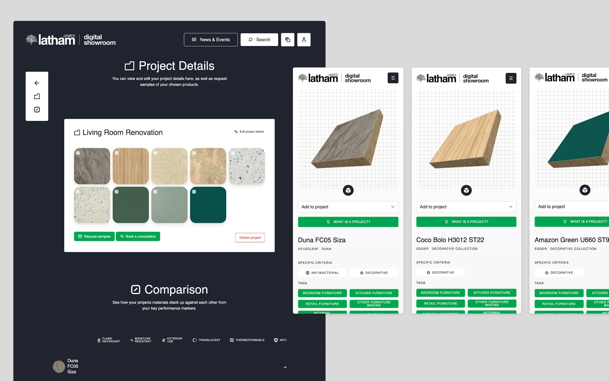 Project details page, showing a shortlist of materials.