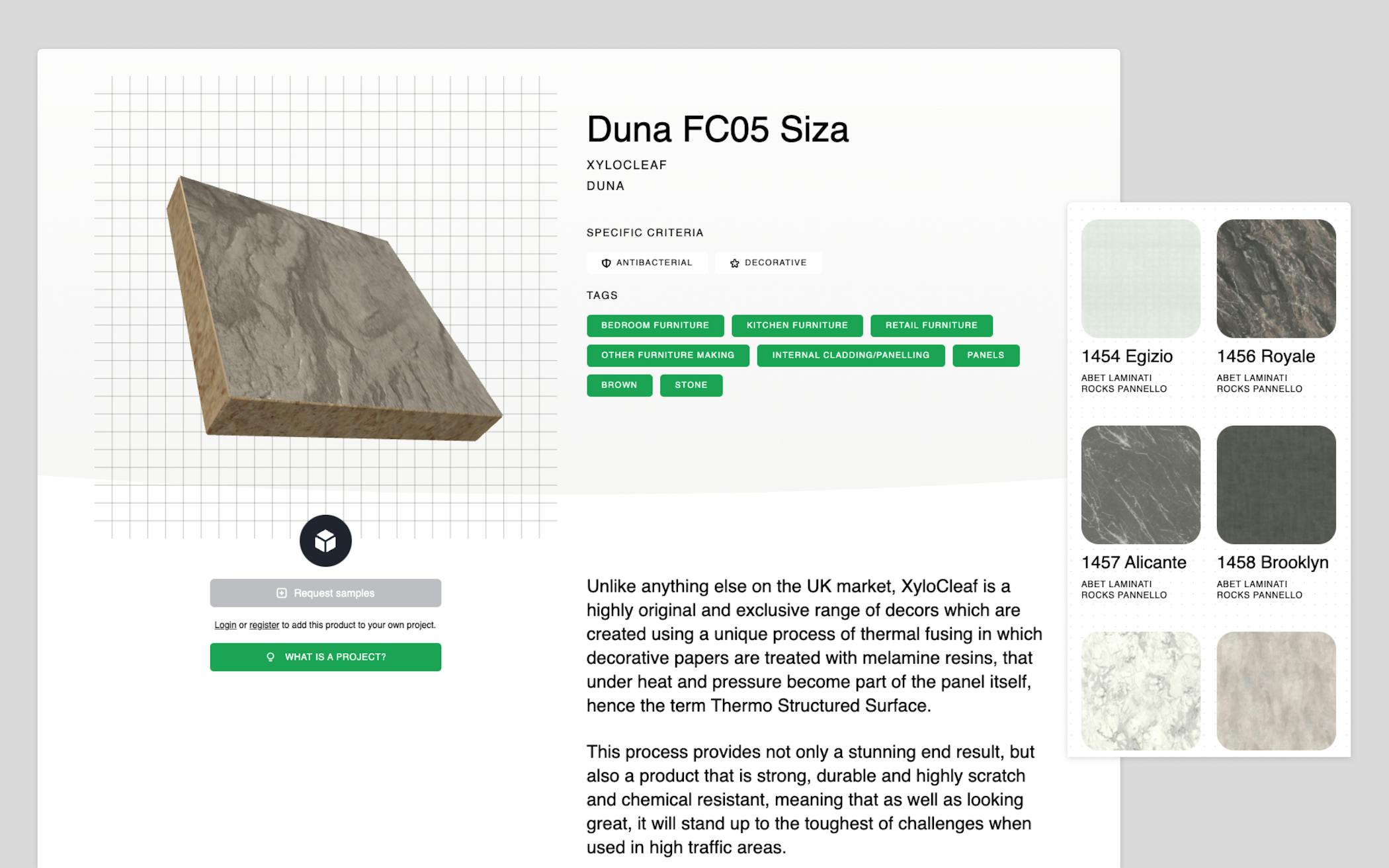 Image of a product page, showing the interactive material sample and alternative materials to the side.