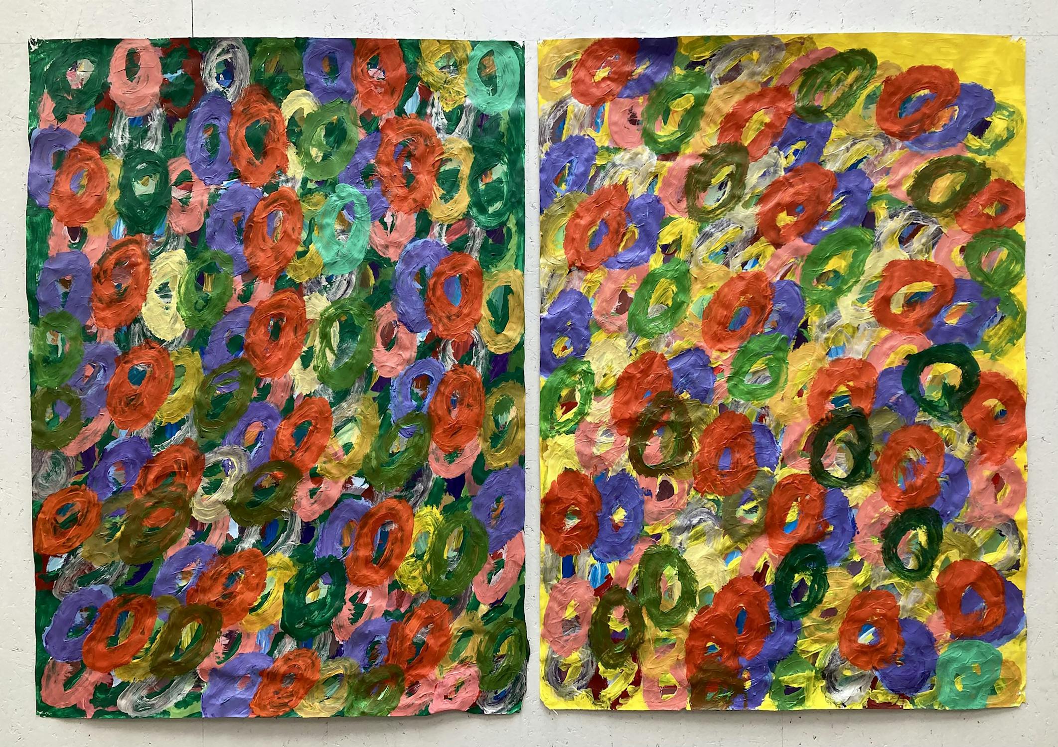 Kwaga Sillingi. Large paintings 6a + 6b. Acrylic and paper collage on Paper. 2023. Image courtesy of the Artist and ActionSpace