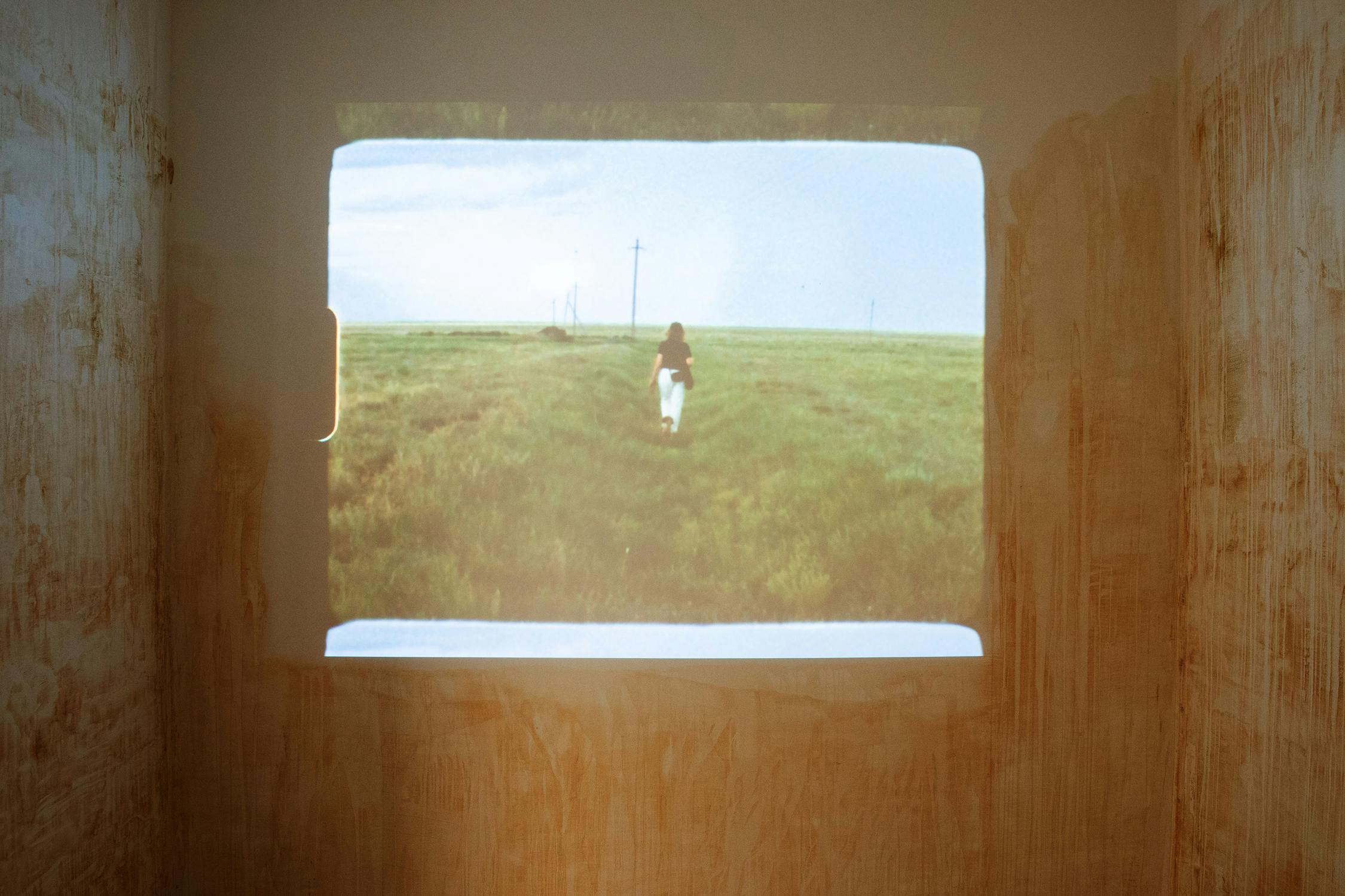 The project studio showing a still from The Friendship Garden film, with a woman walking through long grass