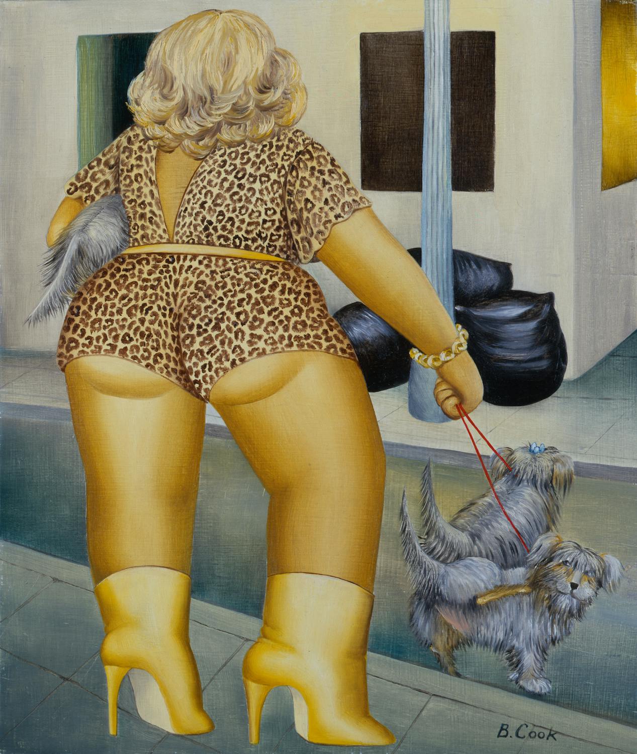A colourful painting of a women facing away from the viewer, wearing a revealing leopard print jump suit and high-heeled boots. She is walking two small grey dogs and is carrying a thiurd under her arm. In the background, viewers can see a street corner with a lamppost and rubbish bags.