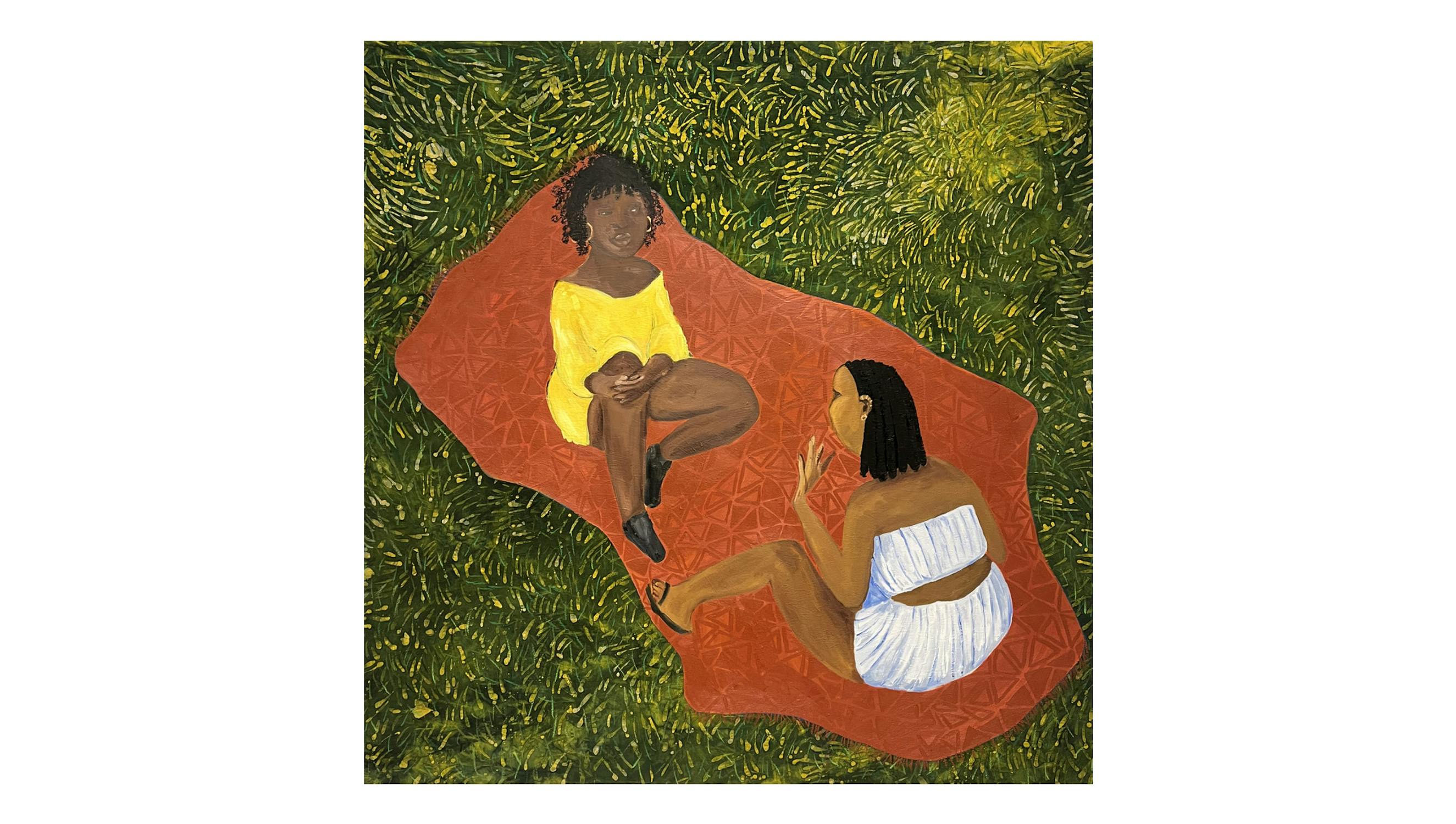 Sola Olulode, Picnic In The Park, 2022, 71 x 71inches, Oil, acrylic, ink, oil pastel on canvas