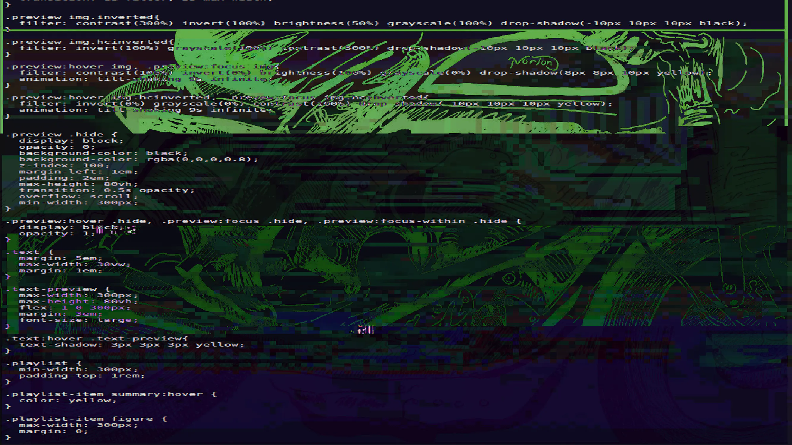 CSS code displayed in a terminal interface overlaid with a distorted, green-toned image of a motorbike. The text is partially obscured by digital glitch artefacts and vertical colour shifts.