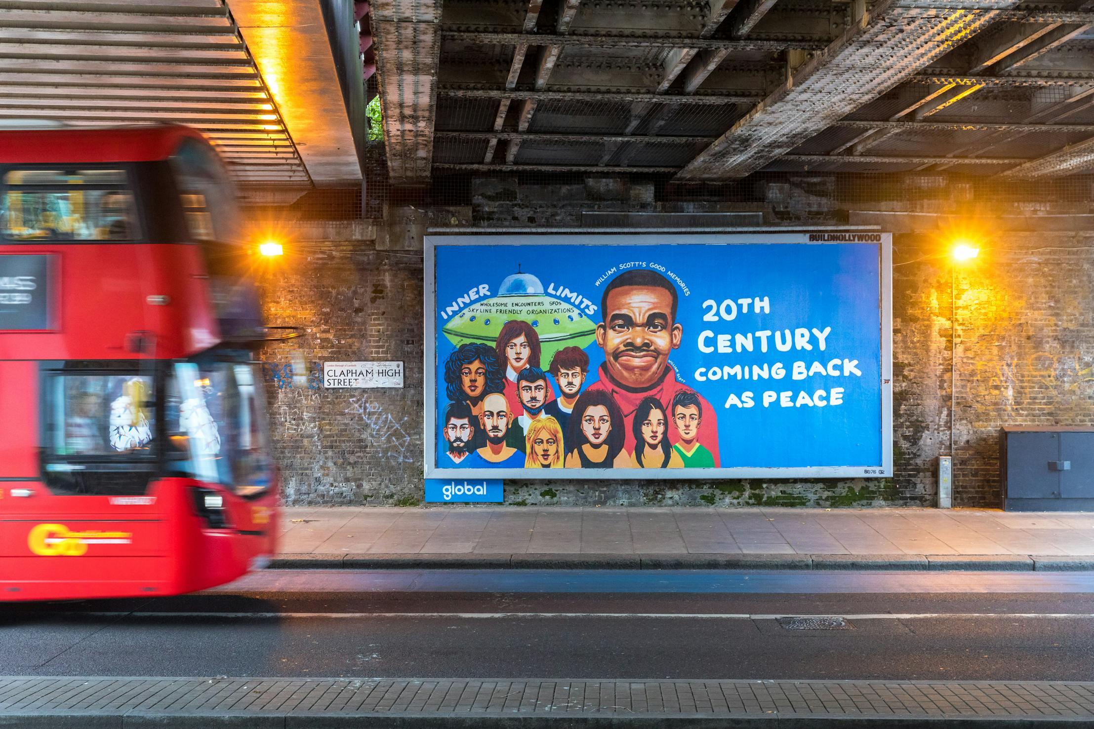 A red double-decker bus passes by a mural under a bridge. The mural features diverse illustrated faces and a man in the center, text reads: "20th Century Coming Back As Peace" and "Inner Limits." The scene is urban and vibrant.