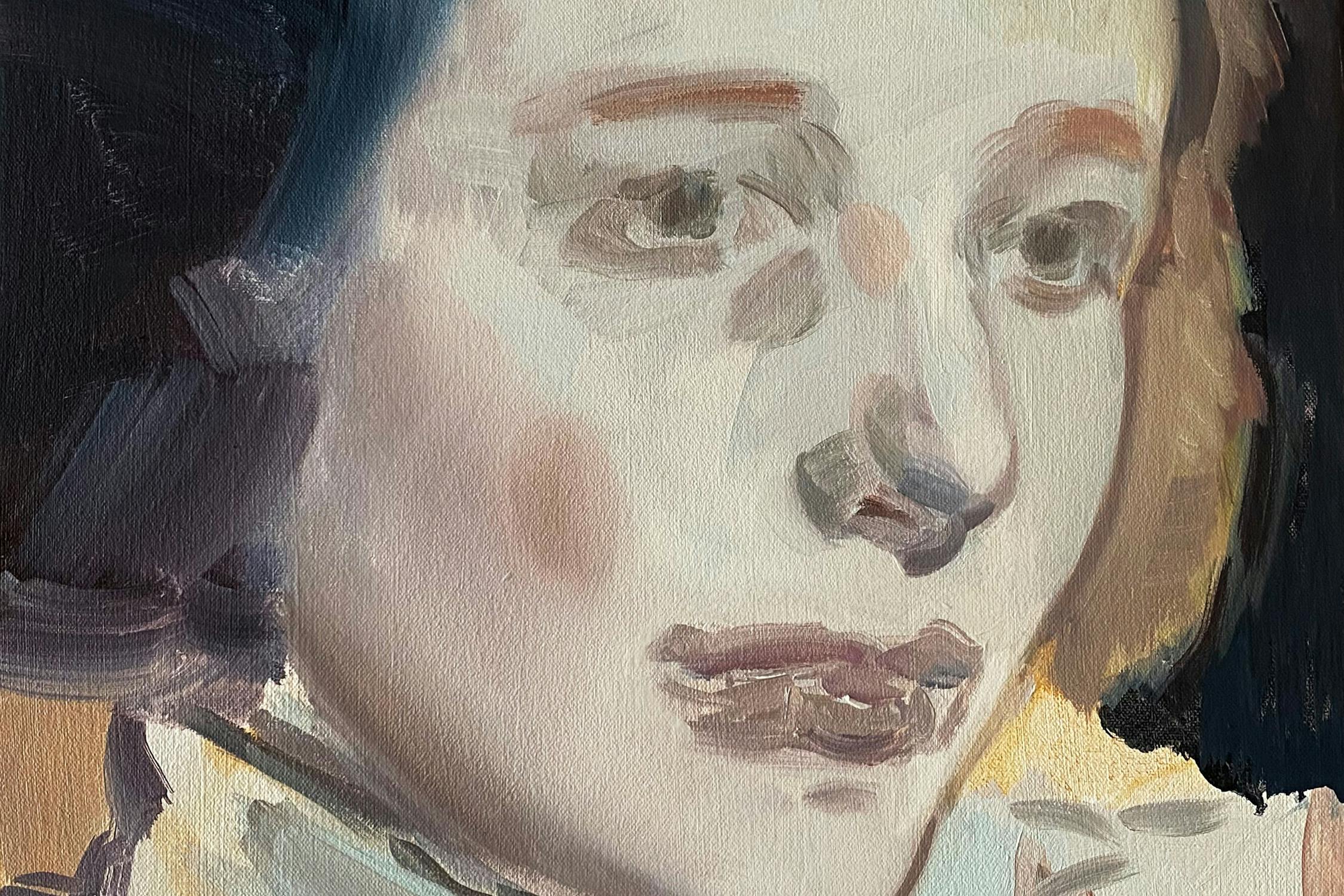 A close-up of a painting depicting a person's face with soft brushstrokes and muted colors. The expression is thoughtful, and the background is dark, enhancing the focus on the face.