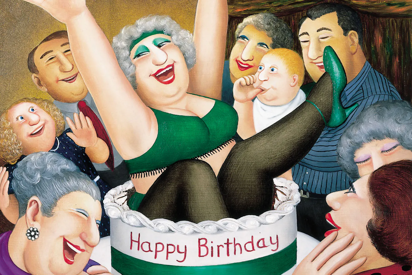A joyful elderly woman in green underwear leaps from a giant birthday cake labelled “Happy Birthday,” holding a “Senior Citizen Pass Card.” She is surrounded by smiling, laughing friends and family; a baby looks up at her as confetti falls in a festive room.