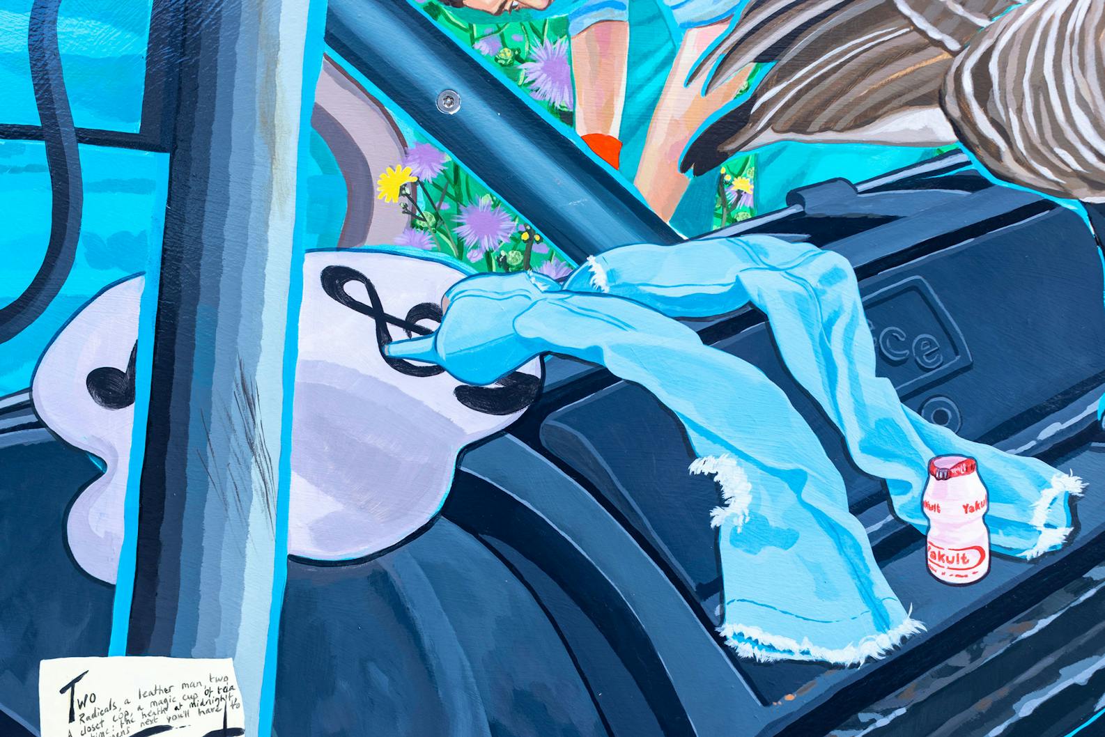 A colourful painting featuring a large bin with a pair of light blue jeans draped over it, a small Yakult container, and part of a bird flying in. The background includes vibrant flowers and a note with handwriting.