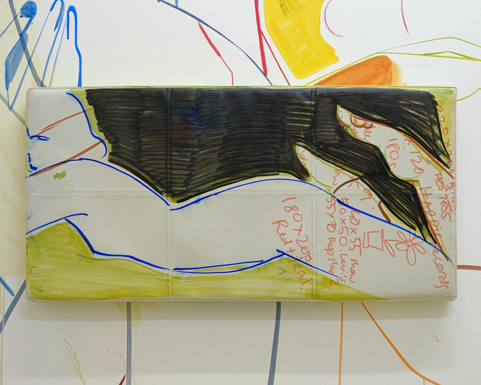 A contemporary abstract artwork featuring overlapping black, blue, red, and yellow lines resembling a reclining nude woman on a white canvas, with handwritten text and symbols scattered throughout the composition.
