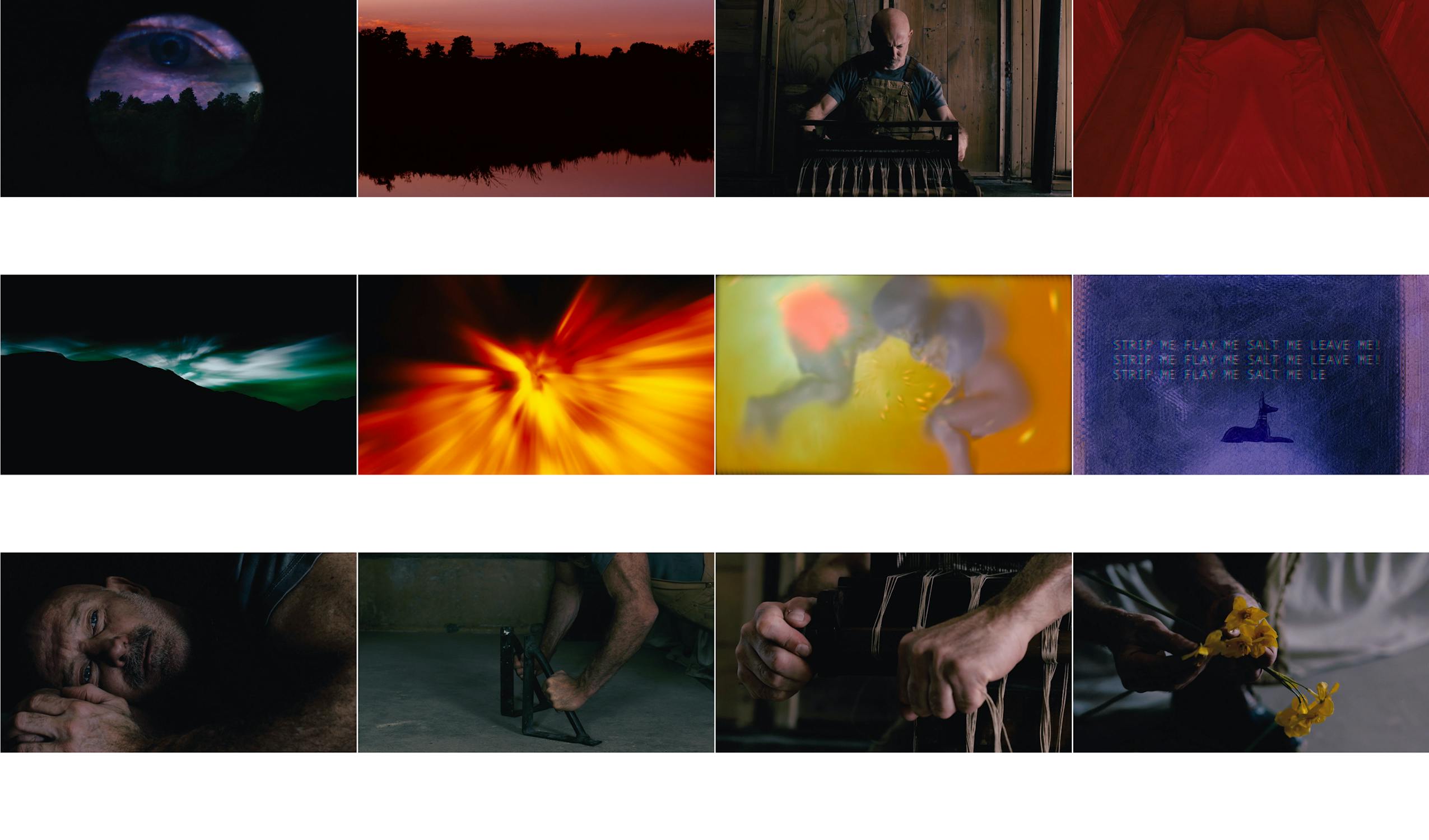 A collage of twelve images including abstract lights, a sunset, a man playing a stringed instrument, close-ups of hands, a silhouette, blurred figures, and a mix of dark and vibrant colours with varied textures.