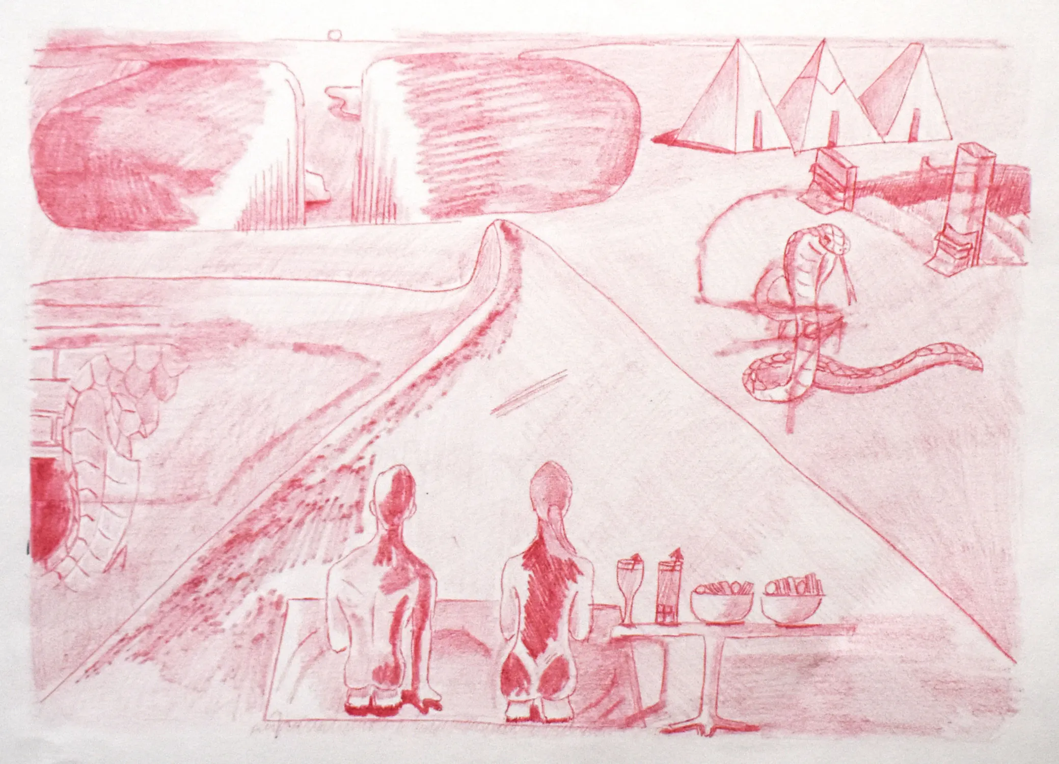 Abstract red-toned drawing of two figures sitting at a table with drinks, facing a landscape with a road leading to a sunlit horizon. In the background are pyramids and a large snake coiling around structures.