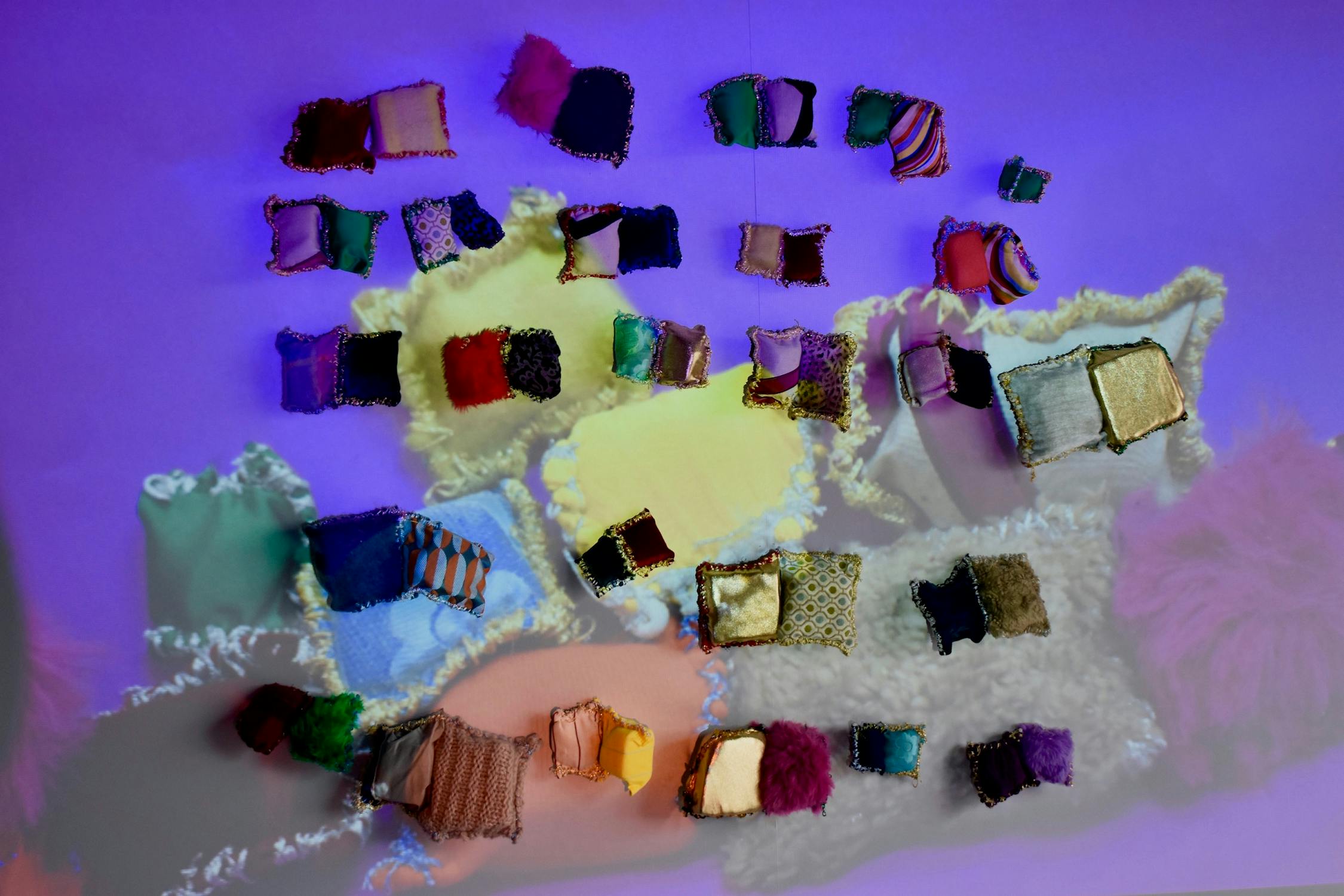 Lasmin Salmon, 'Sewn Cushions with projections' Assembled Lines. Studio RCA, London. 2019. Image Courtesy of the Artist and ActionSpace