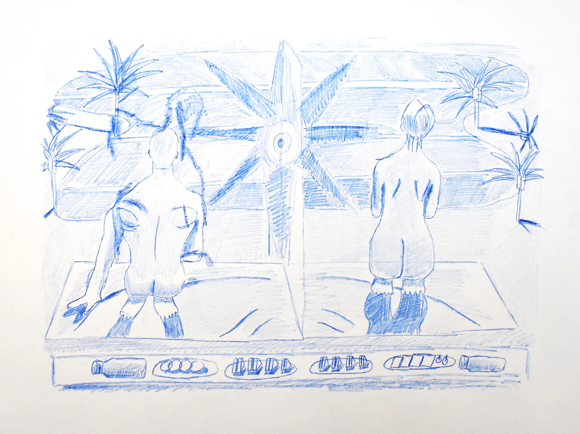 A sketch of two people sitting on a bench facing a large decorative fan with an eye in the center. Small plants line the background. The scene has a bluish tint, and various small objects are drawn in front of the bench.