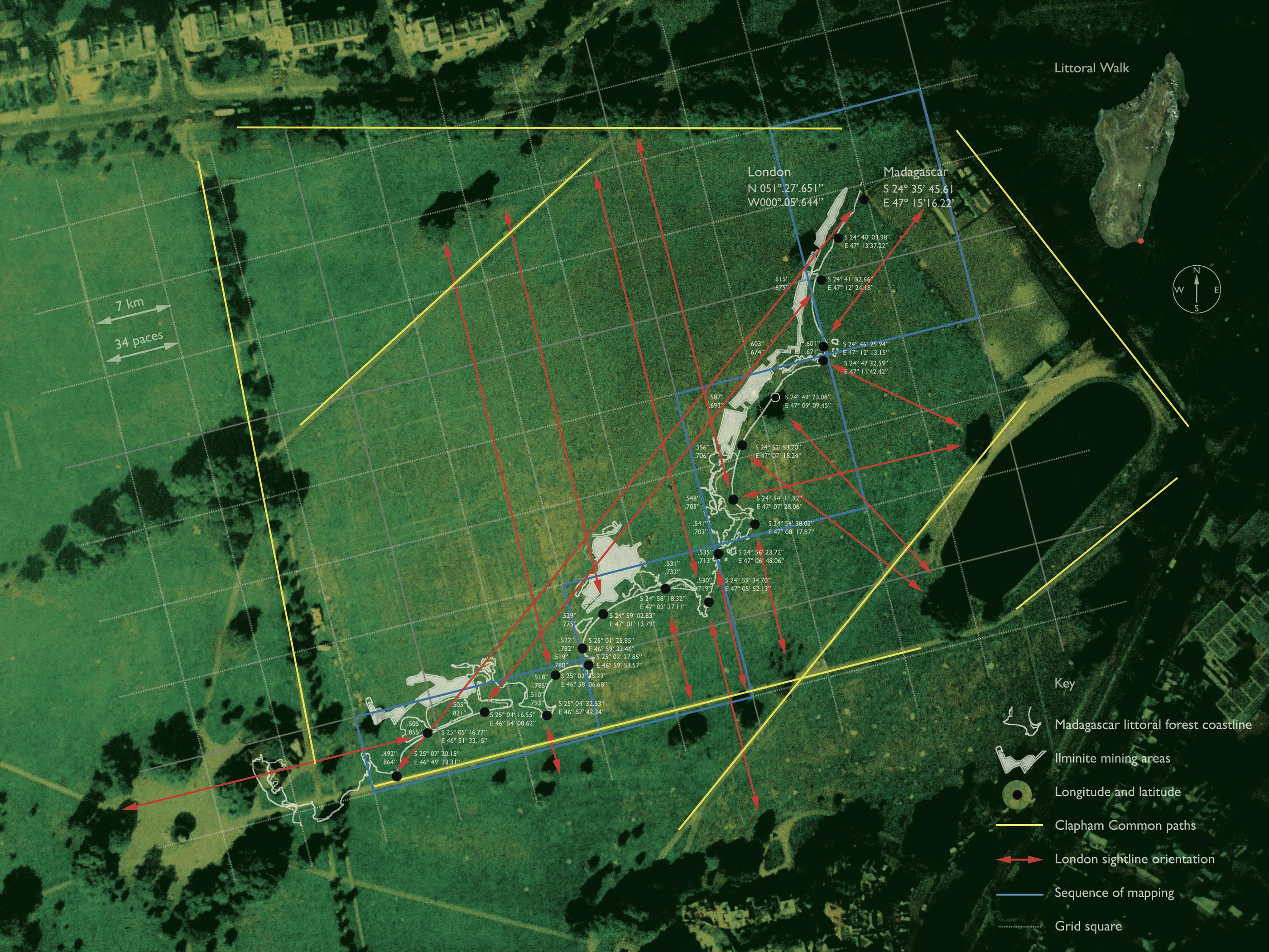 Aerial view of a Clapham Common with overlaid grid lines, red and blue directional arrows, white path markings, and a key showing paths, directions, and map elements; a large pond is visible on the right.