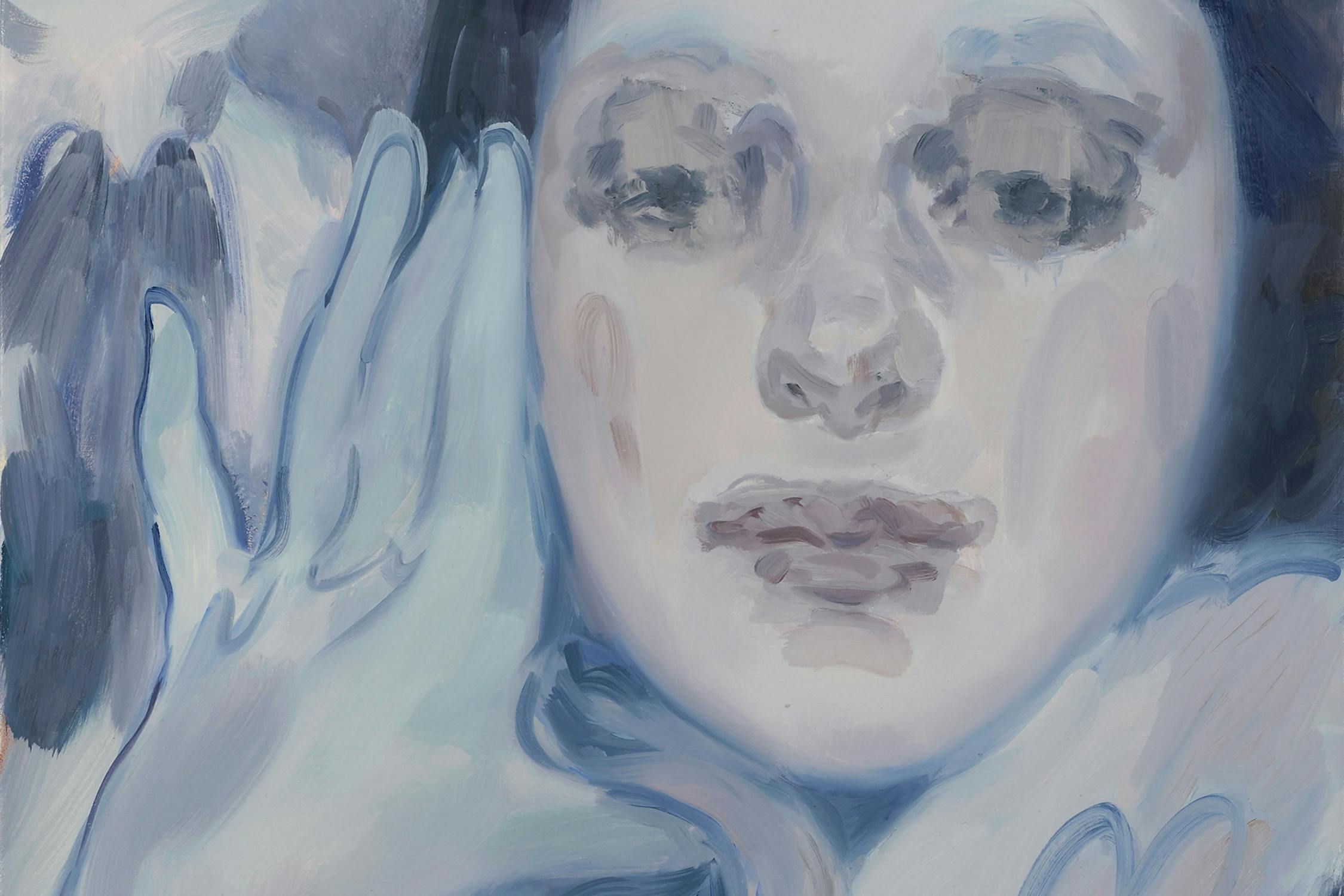 Impressionistic painting of a face with closed eyes in shades of blue and gray. Hands frame the face, creating a serene, dreamlike expression. The brushstrokes are soft and fluid, contributing to the ethereal feel.