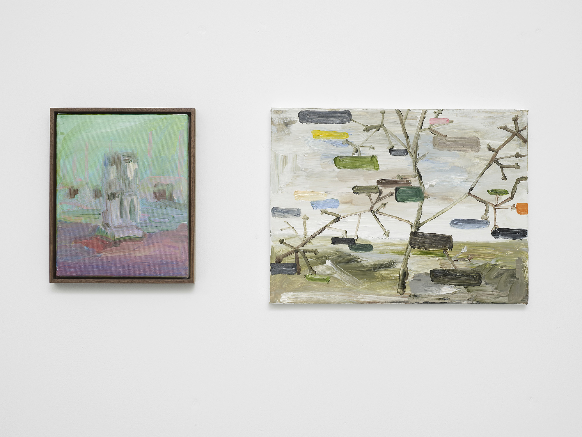 Two abstract paintings hang on a white wall; the left artwork has blended green, purple, and pink hues, while the right depicts a tree branch with oval shapes in muted colours against a pale background.